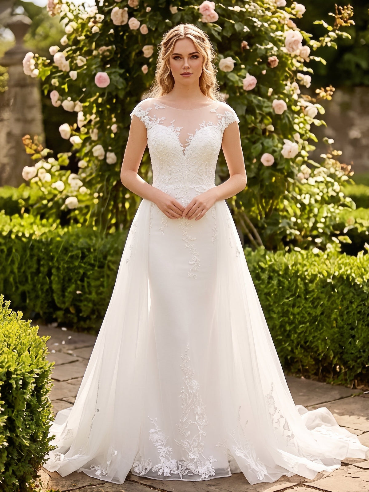 Lacey Bridal Ltd. Delphine two-way bridal gown with lace bodice, tulle overskirt, and floral embroidery in a garden.