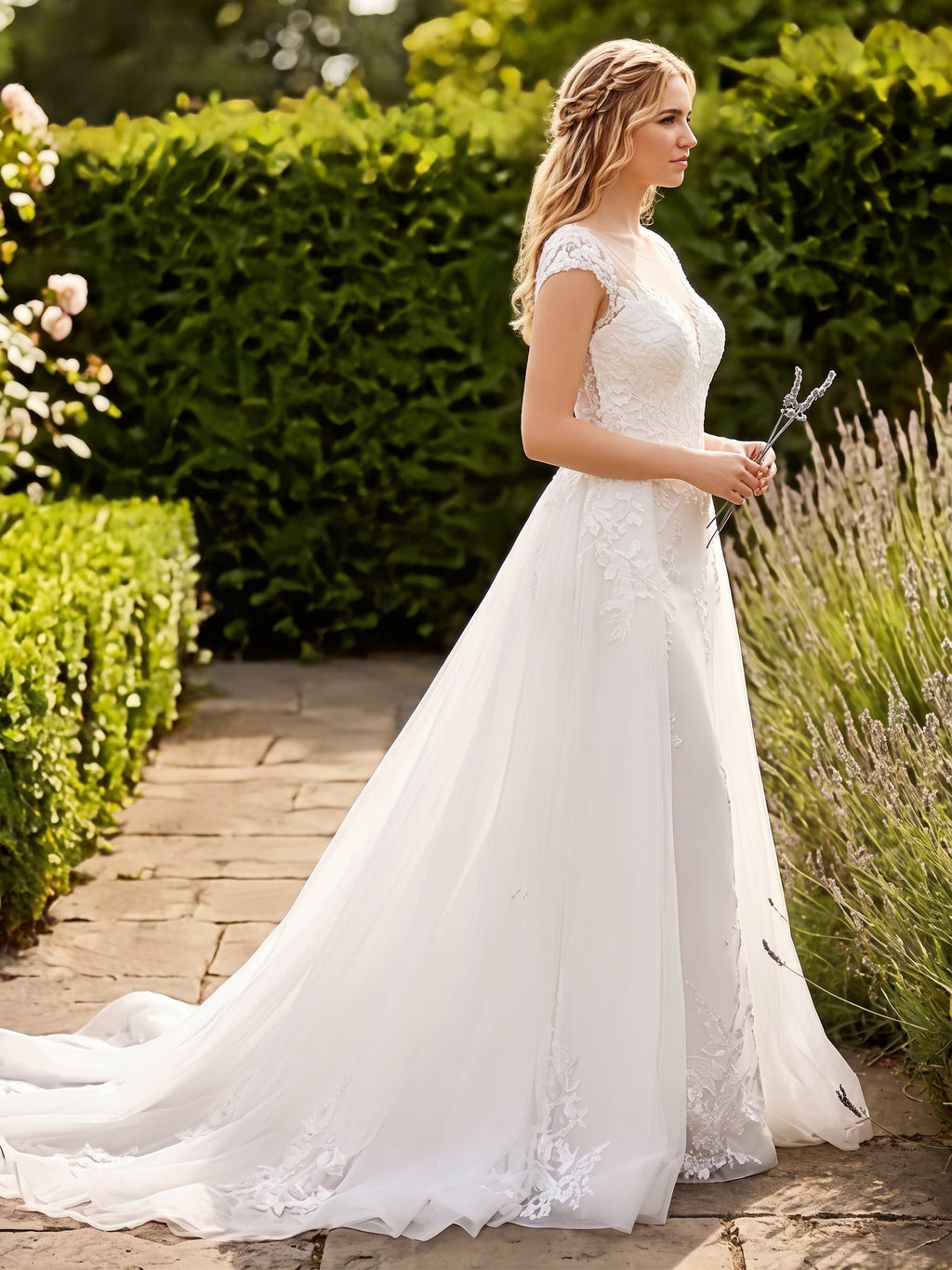 Lacey Bridal Ltd. Delphine two-way wedding gown with lace bodice, tulle overlay, and mermaid skirt in a garden setting.