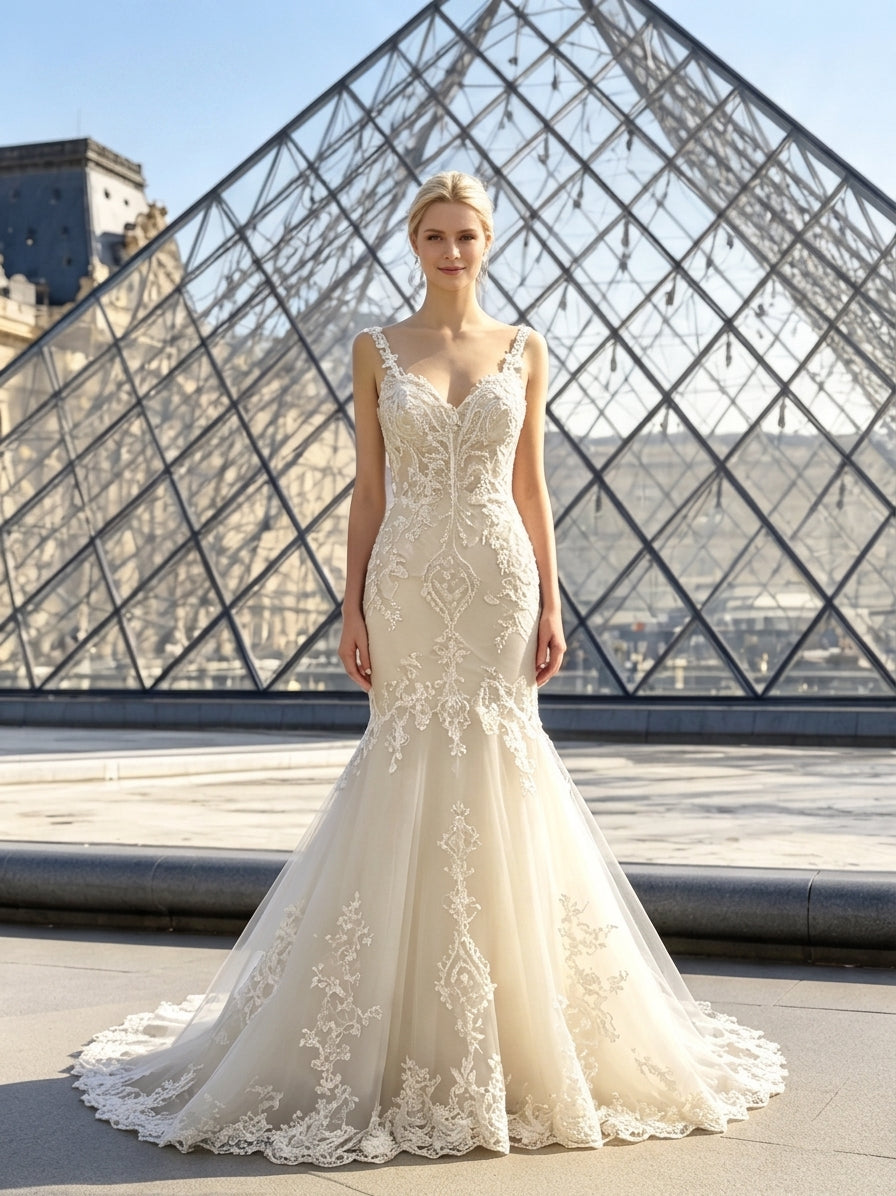 Lacey Bridal Ltd. ivory mermaid wedding gown with lace appliqués, beadwork, and a chapel train in front of the Louvre.