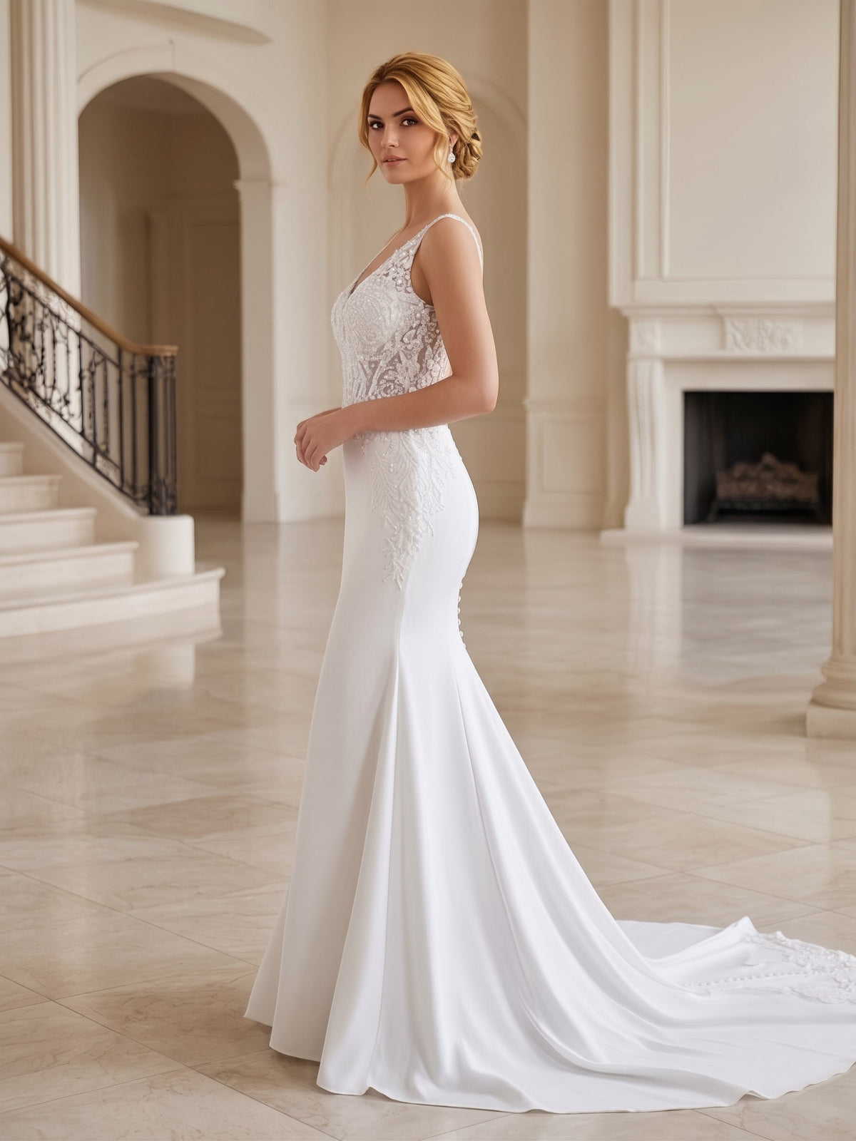 Lacey Bridal Ltd. Dorothea mermaid wedding gown with beaded lace bodice, V-neck, and fluid crepe skirt in a ballroom.