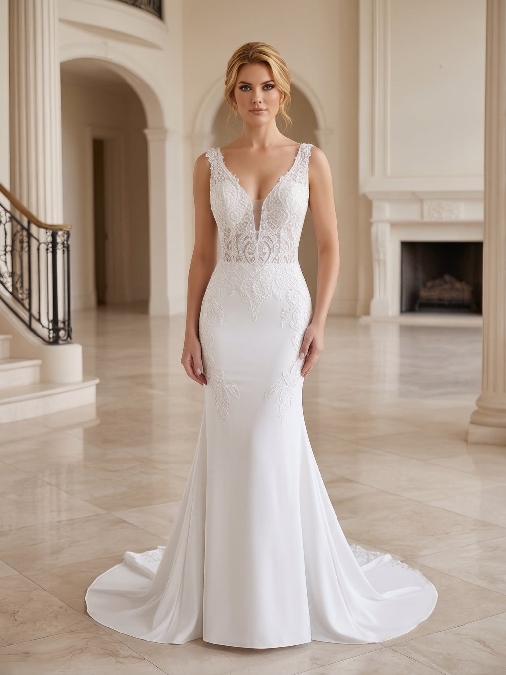 Lacey Bridal Ltd. Dorothea mermaid wedding gown with beaded lace bodice, plunging V-neck, and fluid crepe skirt.
