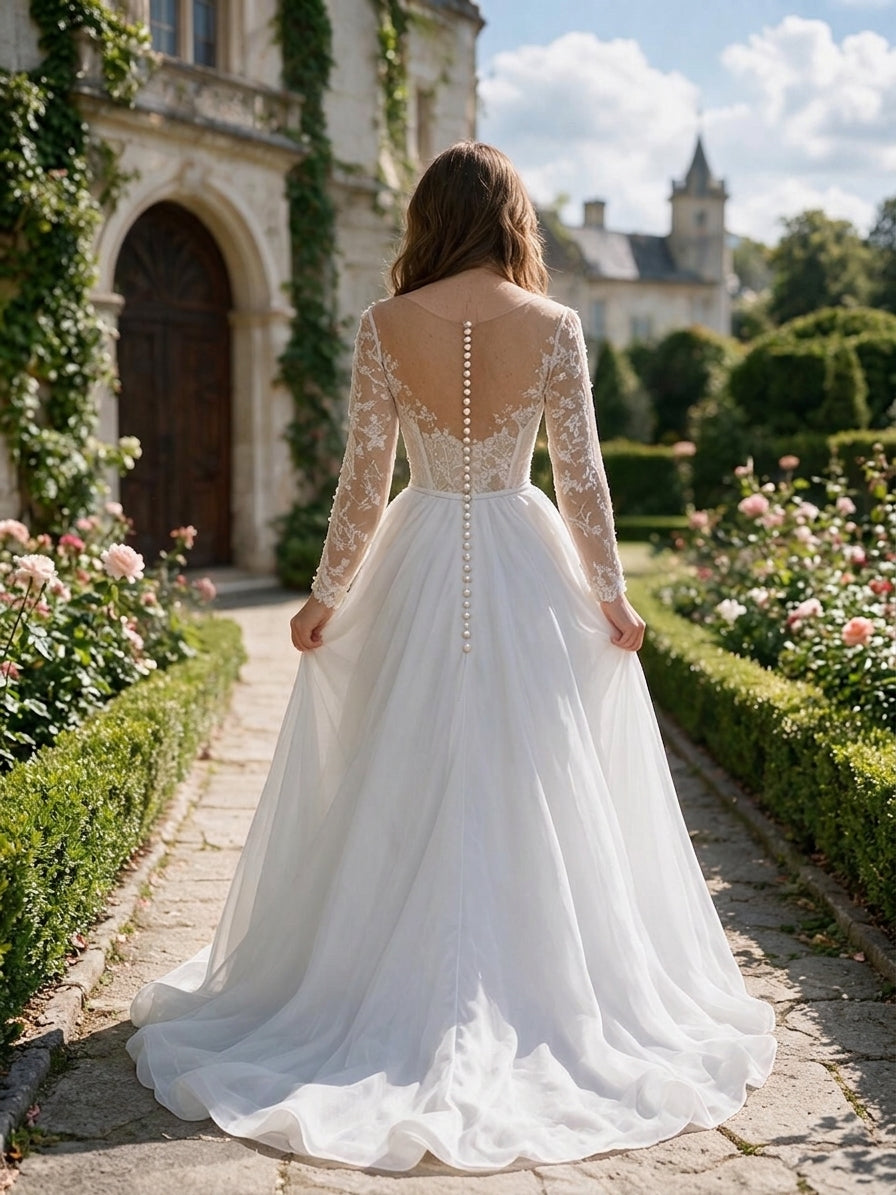 Lacey Bridal Ltd. Eleanor A-line wedding gown with lace long sleeves, illusion back, and pearl button details.
