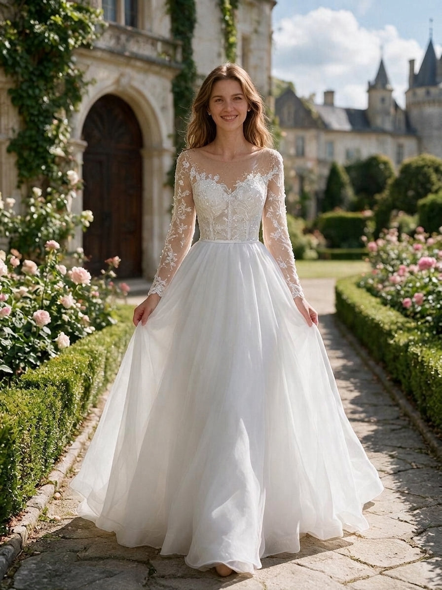 Lacey Bridal Ltd. Eleanor A-line wedding gown with long lace sleeves, illusion neckline, and flowing chiffon skirt.