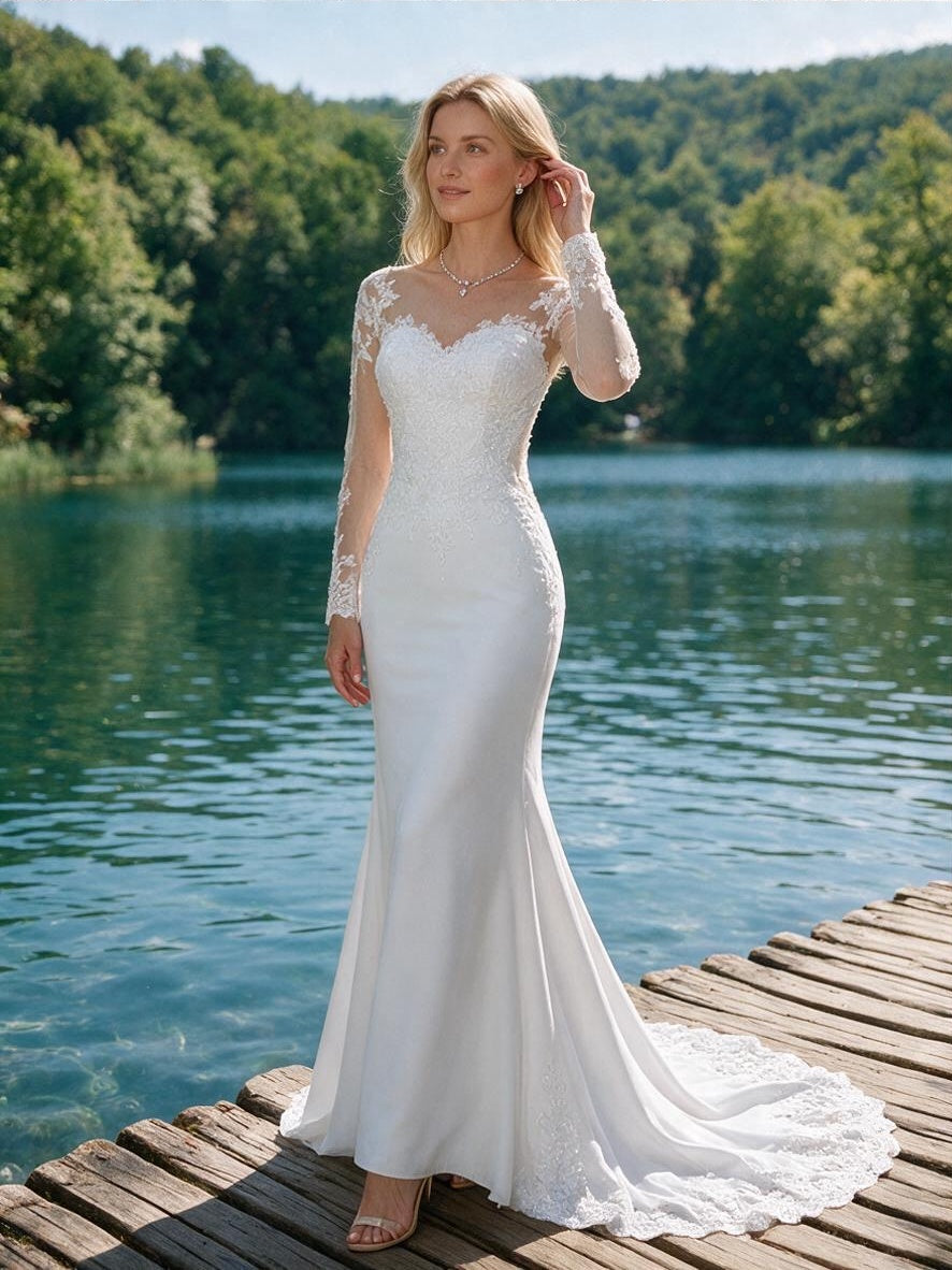 Lacey Bridal Ltd. ELIZA mermaid wedding gown with long illusion lace sleeves, sweetheart neckline, and crepe skirt.