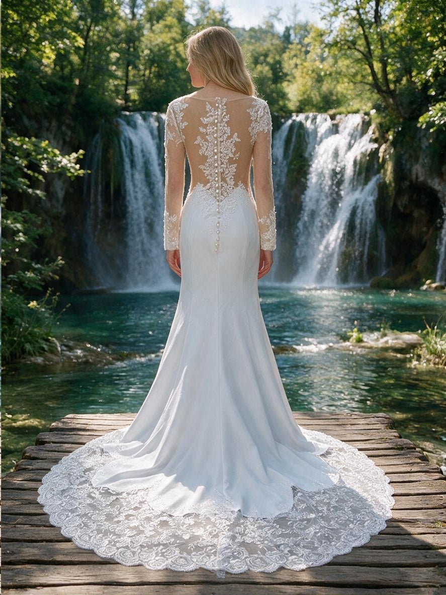 Lacey Bridal Ltd. ELIZA mermaid wedding gown with illusion back, long lace sleeves, and scalloped lace chapel train.