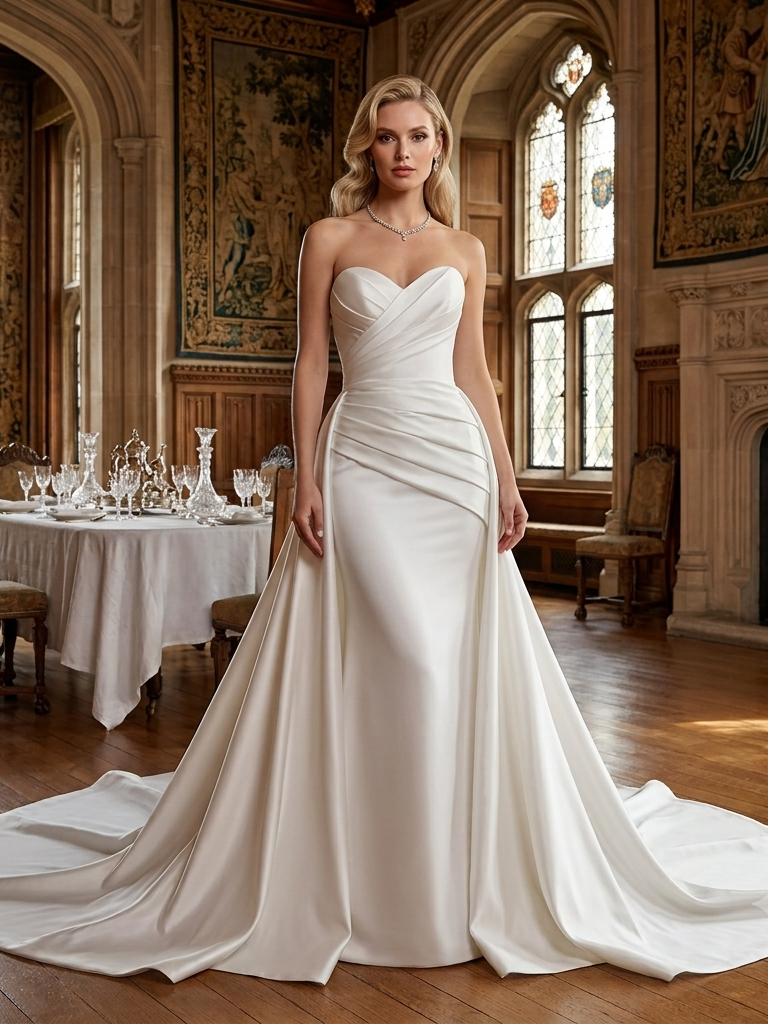 Lacey Bridal Ltd. Emmeline strapless satin wedding gown with ruched bodice and detachable overskirt in a manor hall.