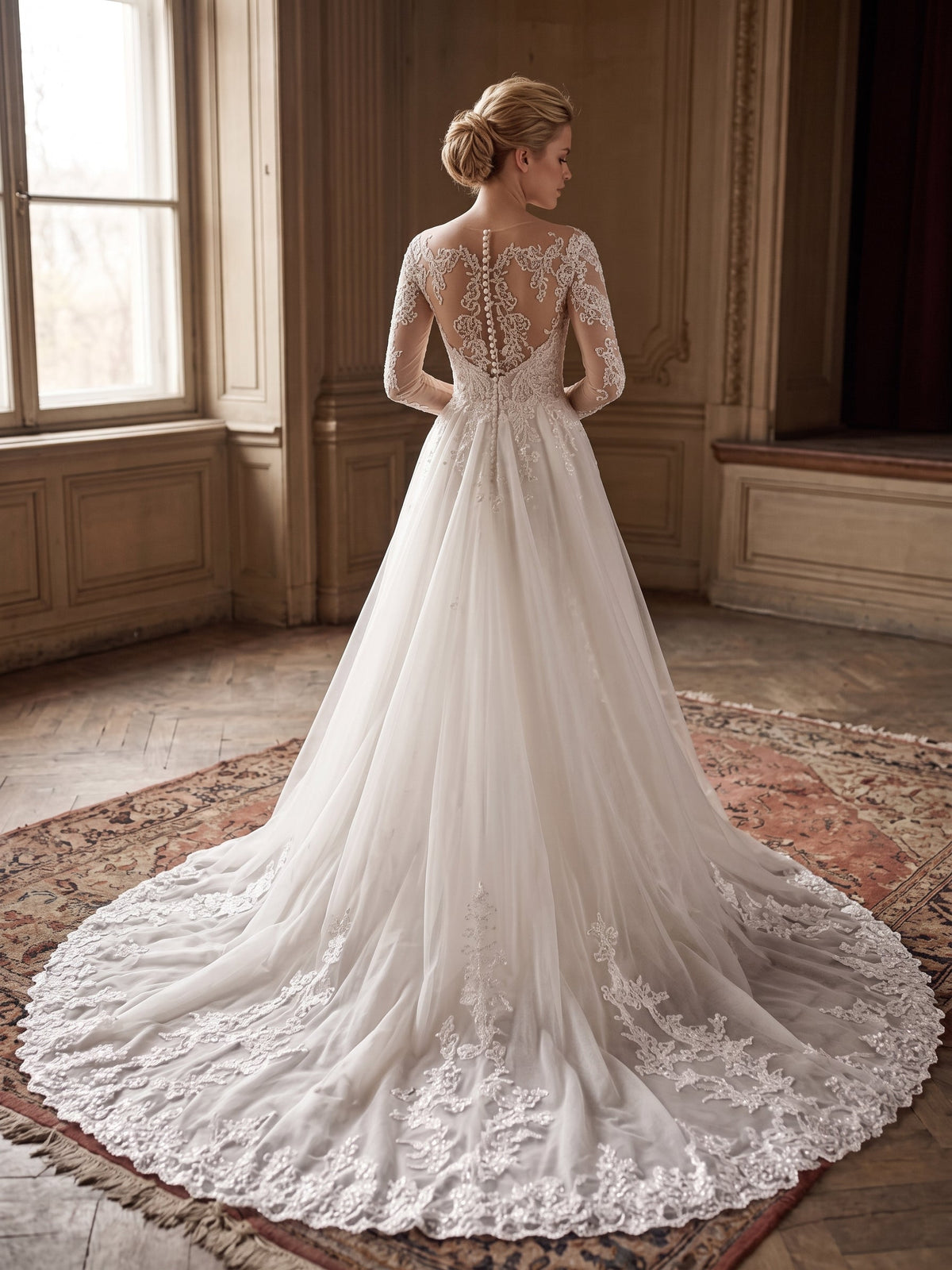Lacey Bridal Ltd. Esmeralda wedding gown with illusion back, long lace sleeves, and a sweeping cathedral train.