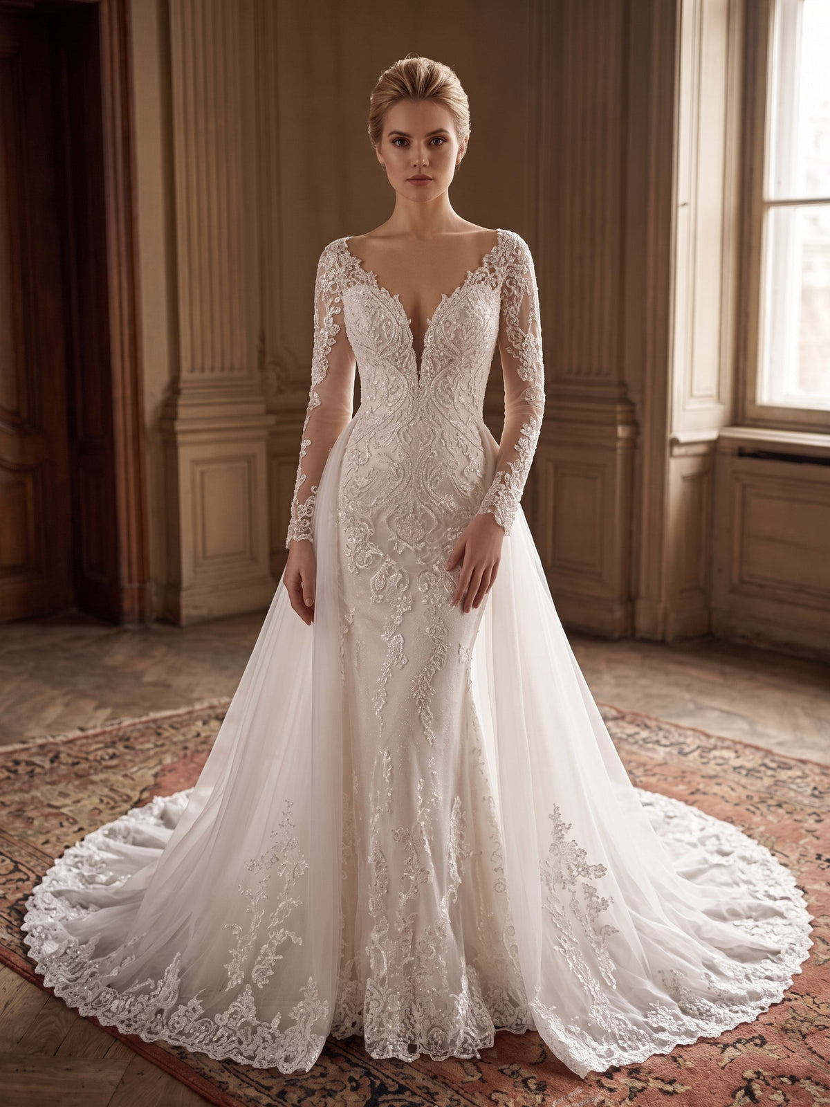 Lacey Bridal Ltd. Esmeralda wedding gown with plunging V-neck, long illusion sleeves, and detachable tulle overskirt.