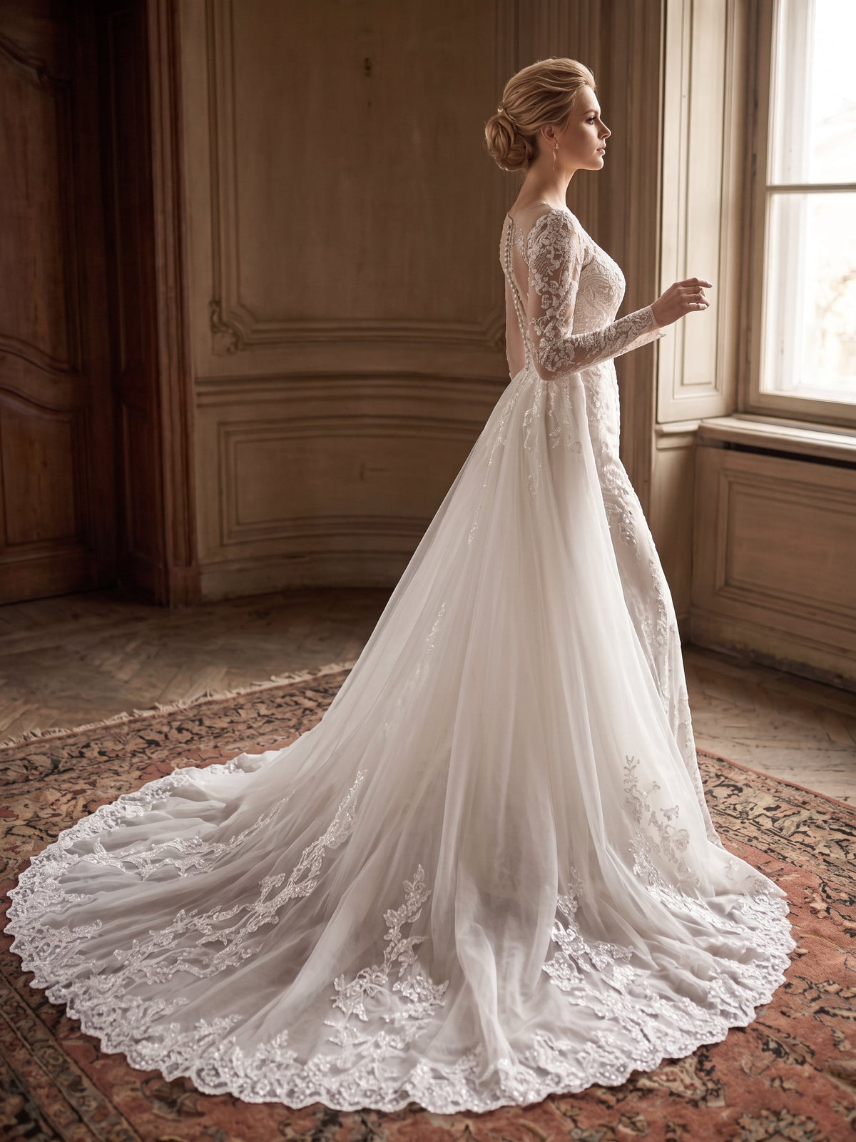 Lacey Bridal Ltd. Esmeralda two-way wedding gown with lace sleeves, illusion back, and detachable tulle train.
