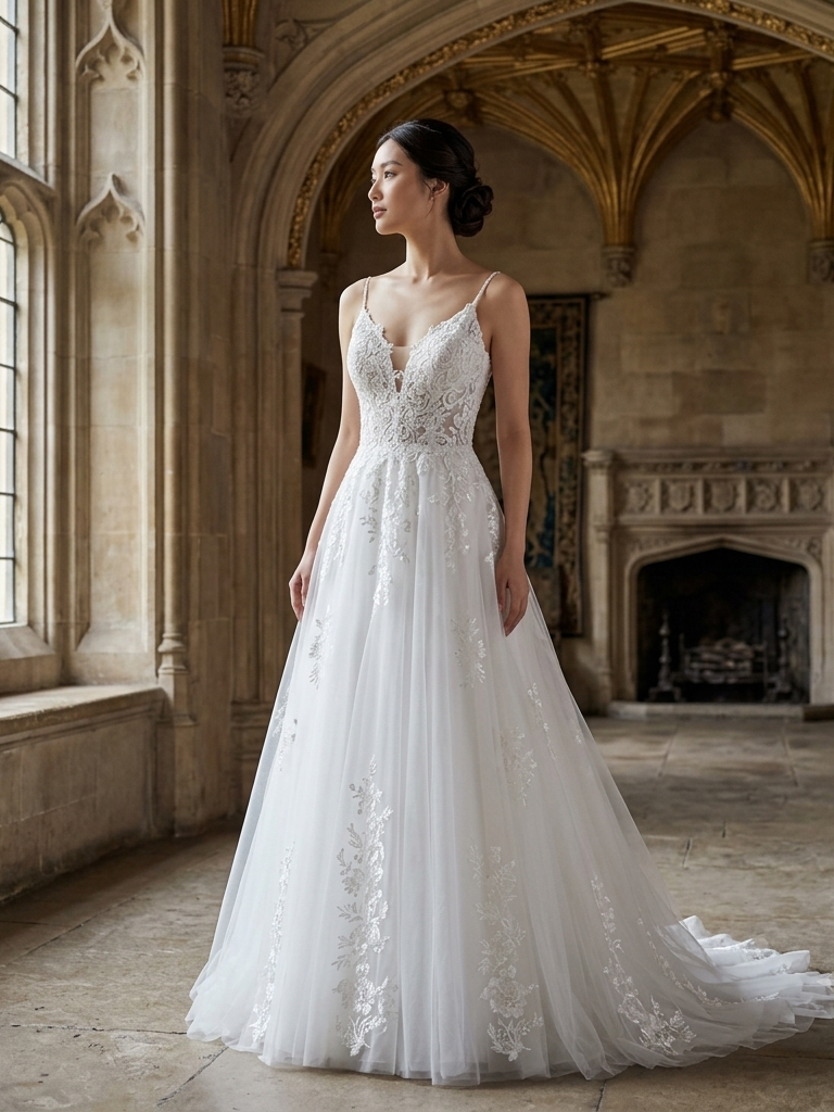 Lacey Bridal Ltd. Estelle A-line wedding gown with plunge V-neck, beaded straps, and floral lace tulle skirt.