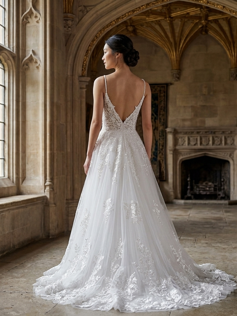 Lacey Bridal Ltd. Estelle A-line wedding gown with plunging V-back, beaded straps, and floral lace tulle skirt.