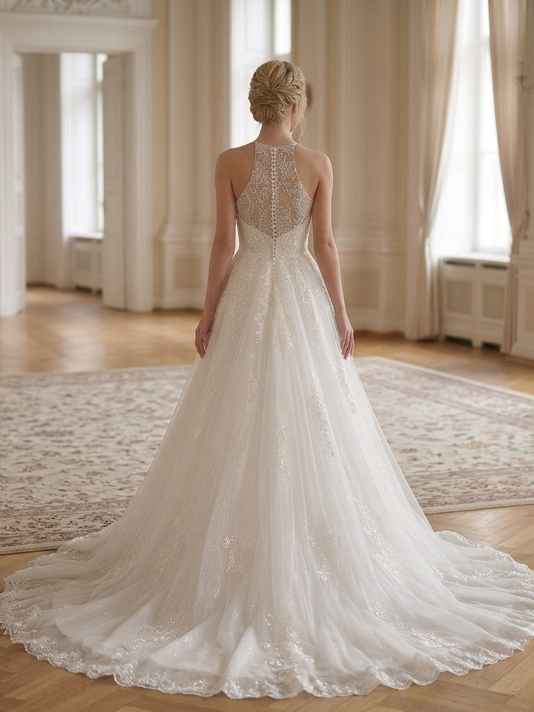 Lacey Bridal Ltd. EVADNE A-line wedding gown with illusion halter back, floral lace, and flowing tulle chapel train.