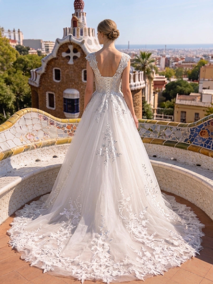 Lacey Bridal Ltd. Evangeline A-line wedding gown with lace corset back, tulle skirt, and floral lace appliqués.