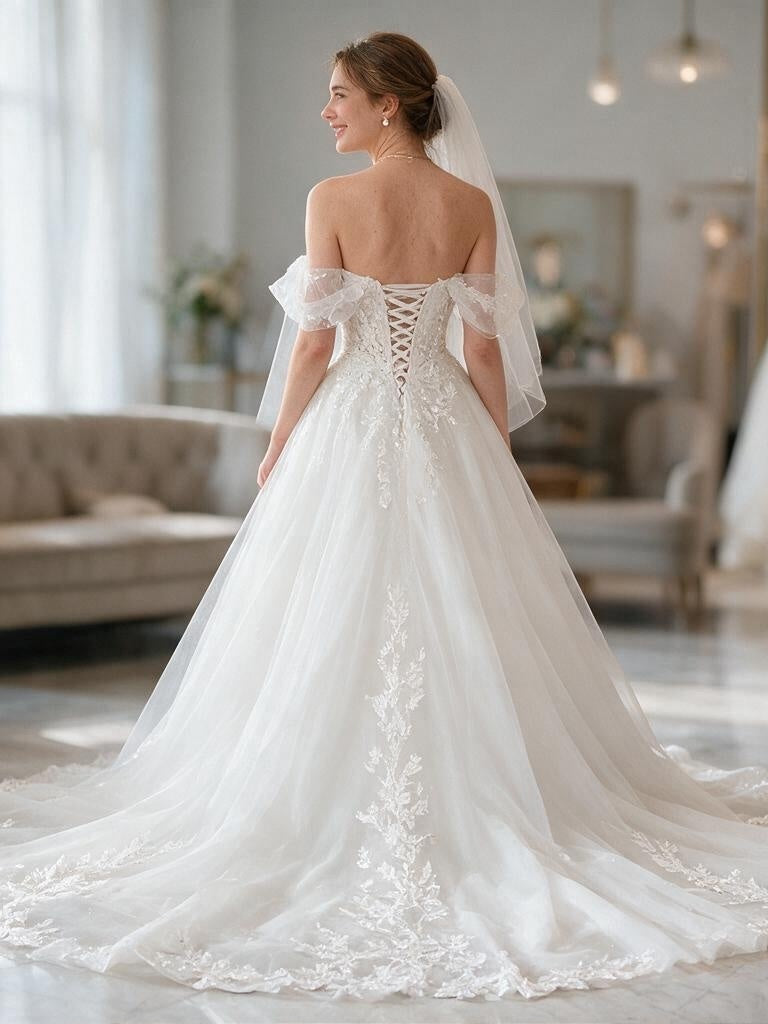 Lacey Bridal Ltd. FIONA A-line wedding gown with lace-up corset back, floral embroidery, and off-shoulder tulle sleeves