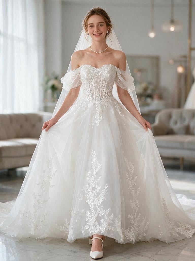 Lacey Bridal Ltd. FIONA A-line wedding gown with floral embroidery, sweetheart neckline, and tulle puff sleeves.