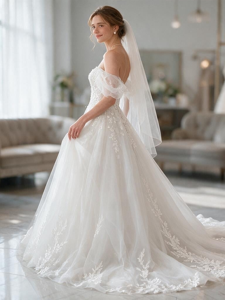 Lacey Bridal Ltd. FIONA A-line wedding gown with floral embroidery, tulle puff sleeves, and a sweeping train.