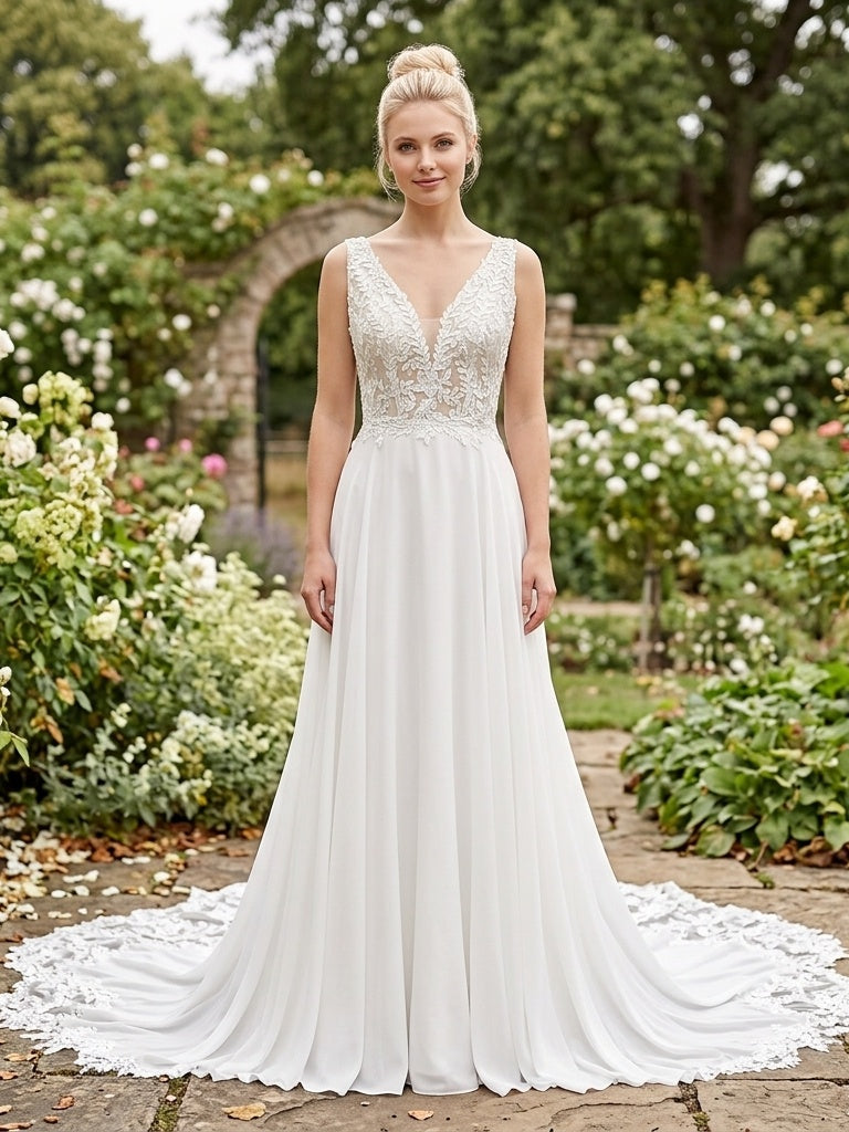 Lacey Bridal Ltd. Florence A-line wedding gown with a plunge V-neck, leaf embroidery, and flowing chiffon skirt.