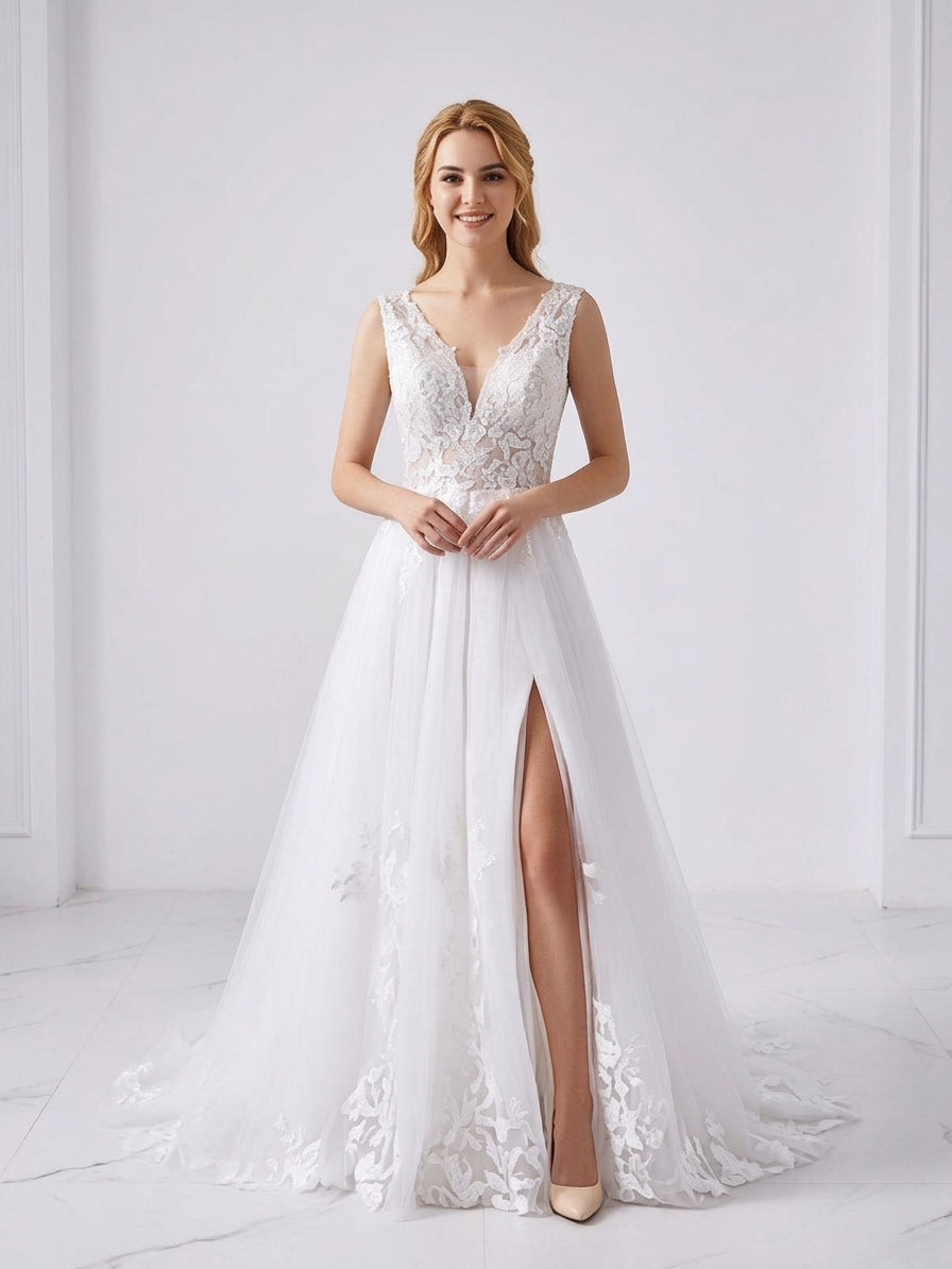 Lacey Bridal Ltd. Francesca A-line wedding gown with floral lace bodice, plunging V-neck, and tulle skirt with slit.