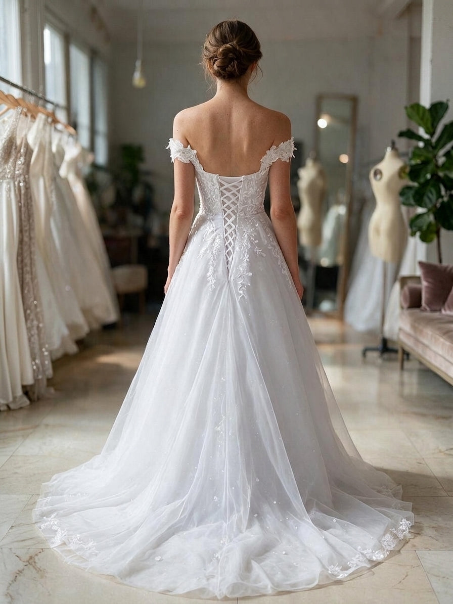 Lacey Bridal Ltd. FREYA A-line wedding gown with lace-up corset back, off-the-shoulder straps, and tulle skirt.