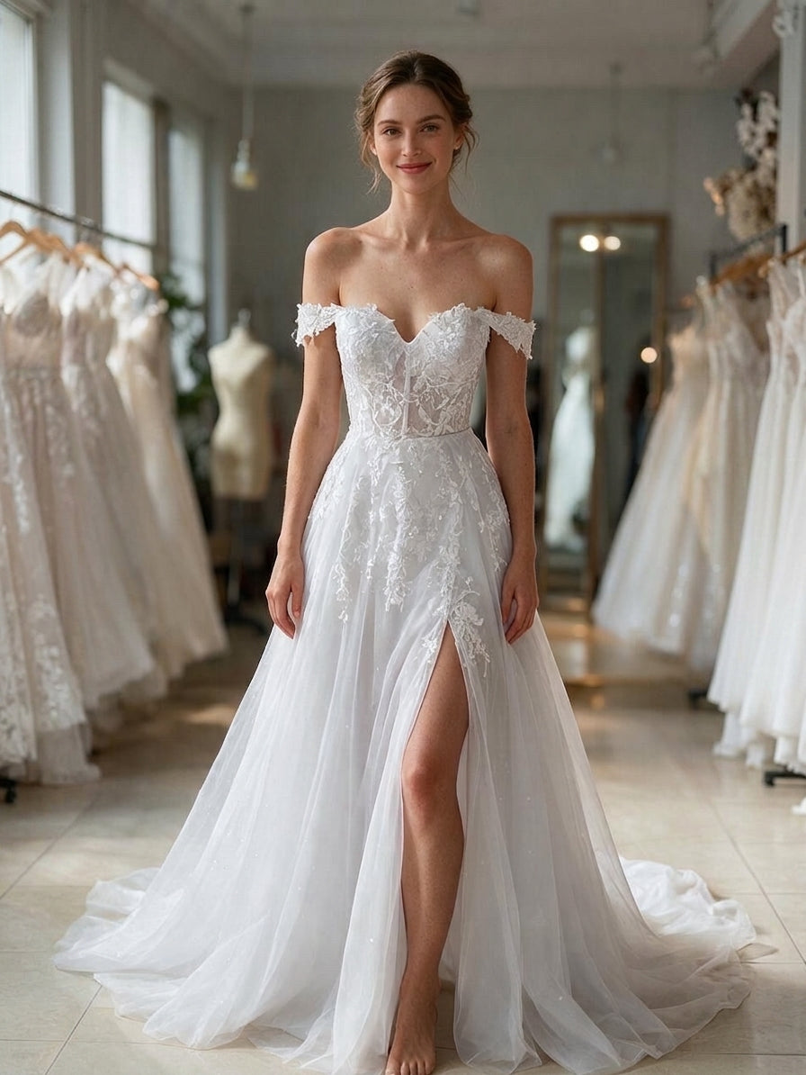 Lacey Bridal Ltd. FREYA A-line wedding gown with off-the-shoulder lace bodice, corset detail, and high thigh slit.