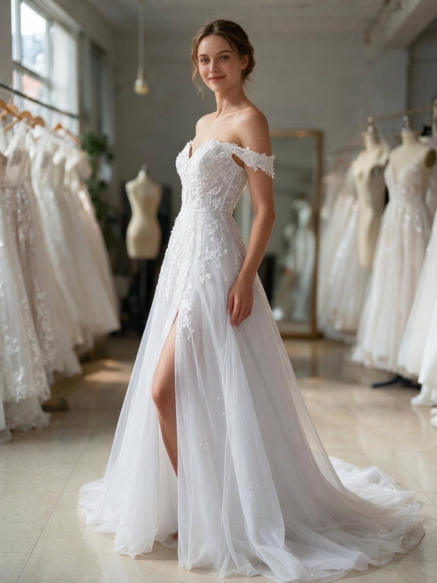 Lacey Bridal Ltd. Freya A-line wedding gown with off-the-shoulder lace bodice, corset detail, and high thigh slit.
