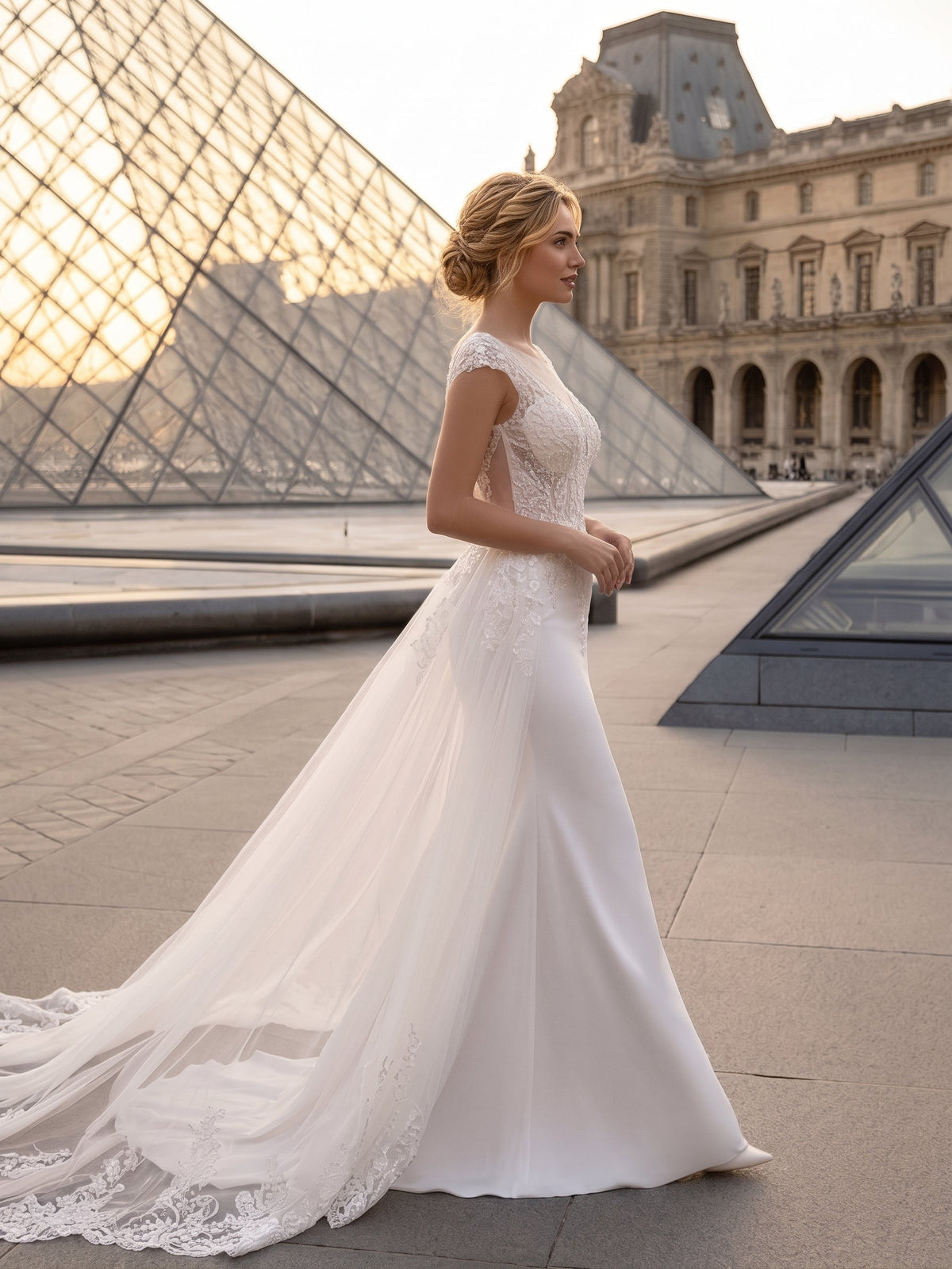 Lacey Bridal Ltd. Gemma two-way mermaid wedding gown with detachable tulle train and botanical lace embroidery