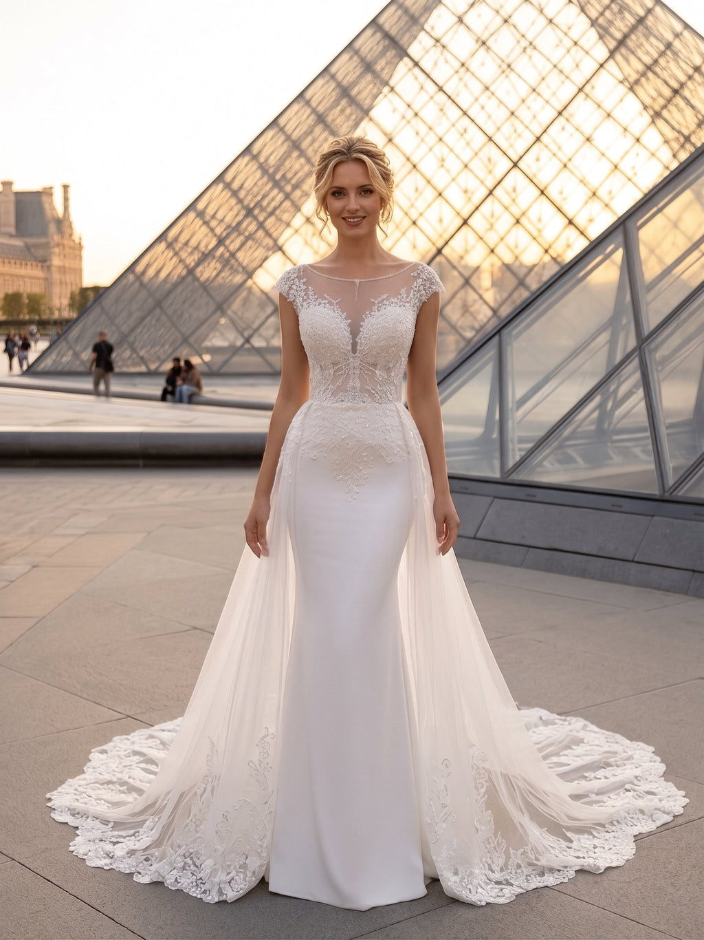 Lacey Bridal Ltd. Gemma two-way wedding gown with lace bodice, mermaid skirt, and detachable tulle overskirt in Paris.