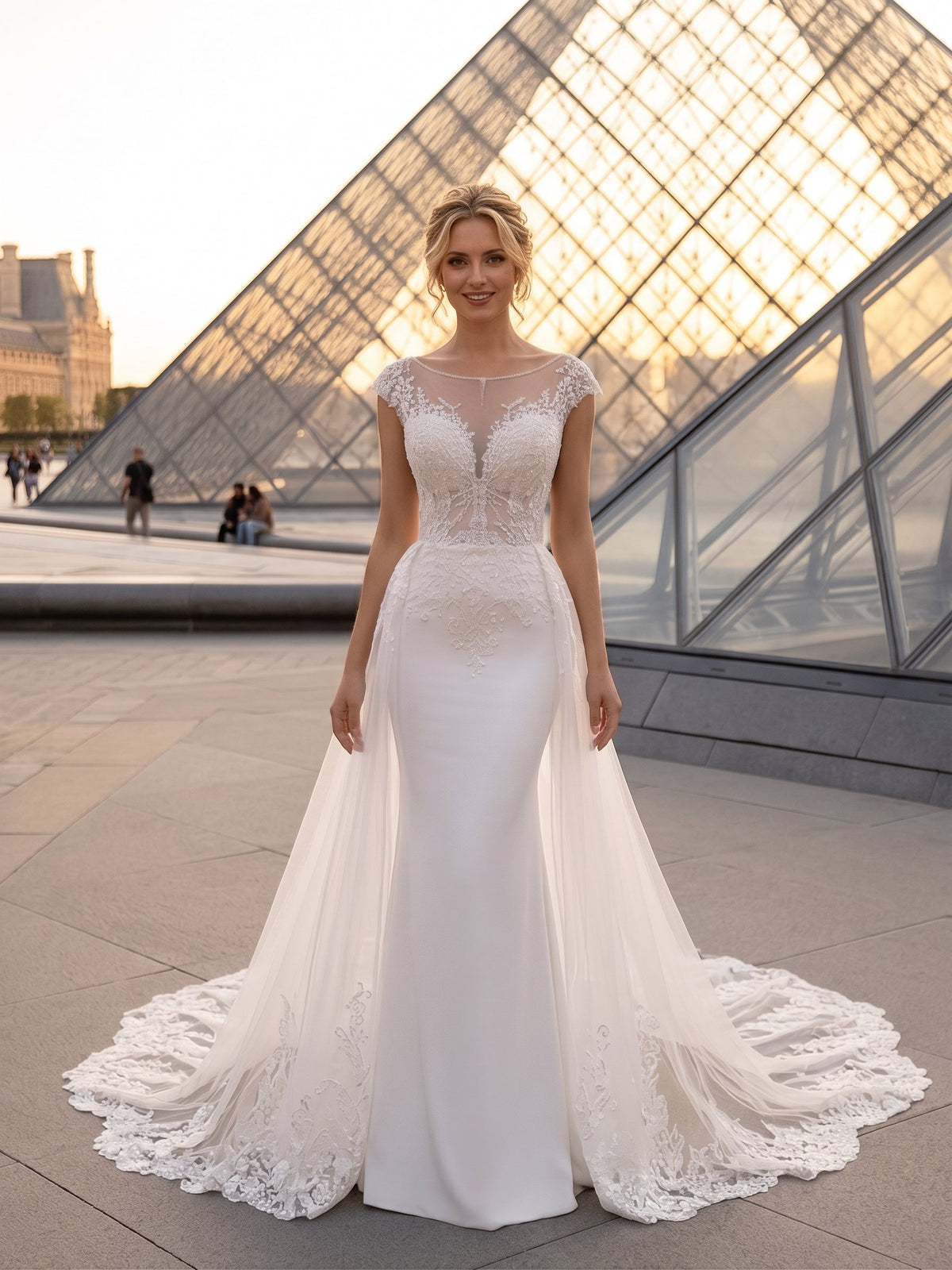 Lacey Bridal Ltd. Gemma two-way wedding gown with lace bodice, mermaid skirt, and detachable tulle overskirt in Paris.