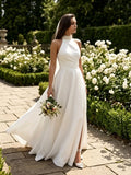 Lacey Bridal Ltd. Georgina A-line wedding gown with pearl-beaded halter neck, ruched bodice, and front thigh split.