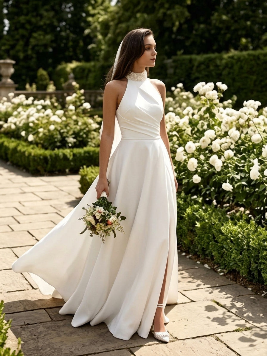 Lacey Bridal Ltd. Georgina A-line wedding gown with pearl-beaded halter neck, ruched bodice, and front thigh split.