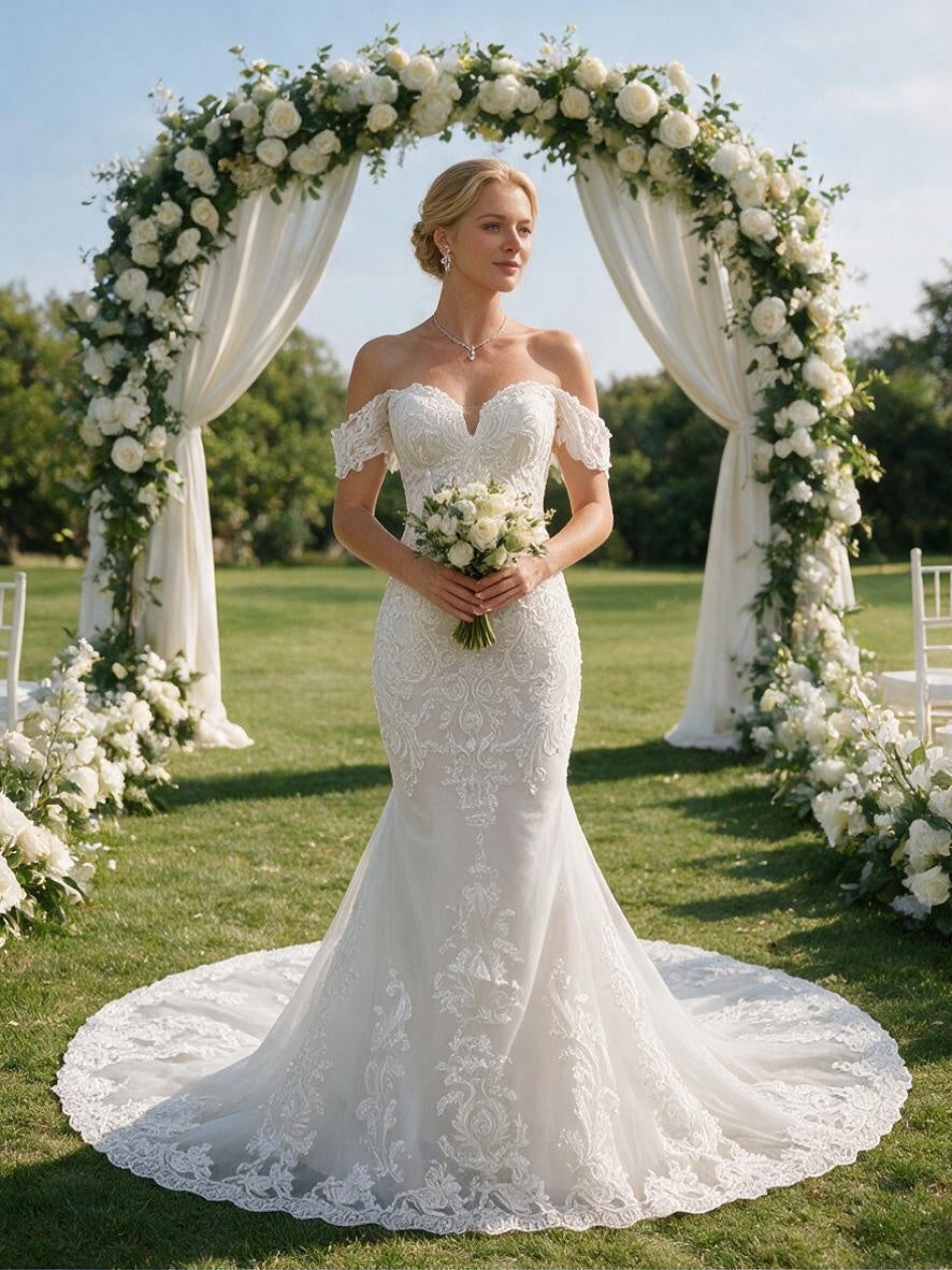 Lacey Bridal Ltd. GLORIA off-the-shoulder mermaid wedding gown with intricate lace and tulle train in a garden setting.