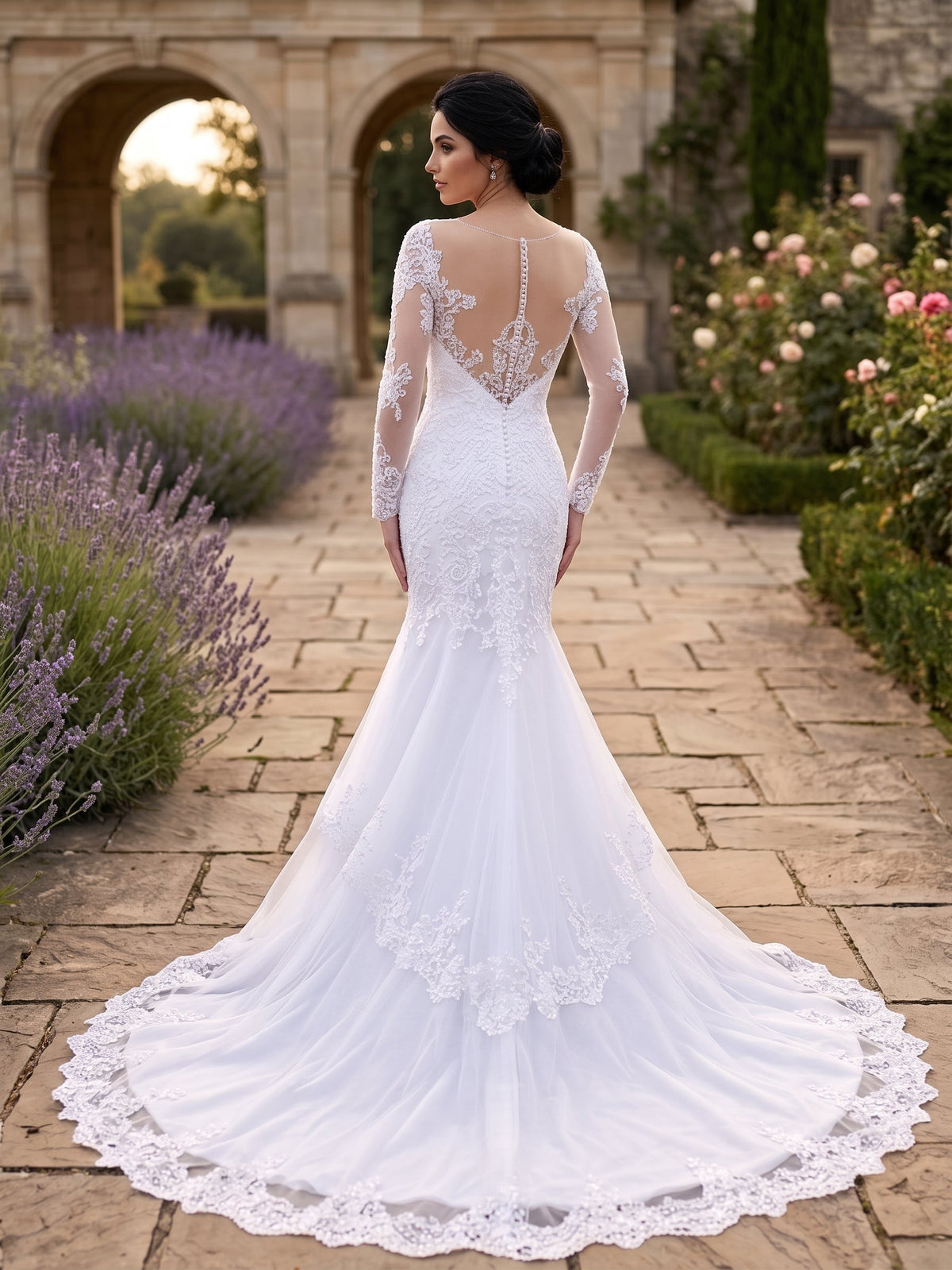 Lacey Bridal Ltd. Hermione mermaid wedding gown with illusion back, beaded lace sleeves, and tiered tulle train.