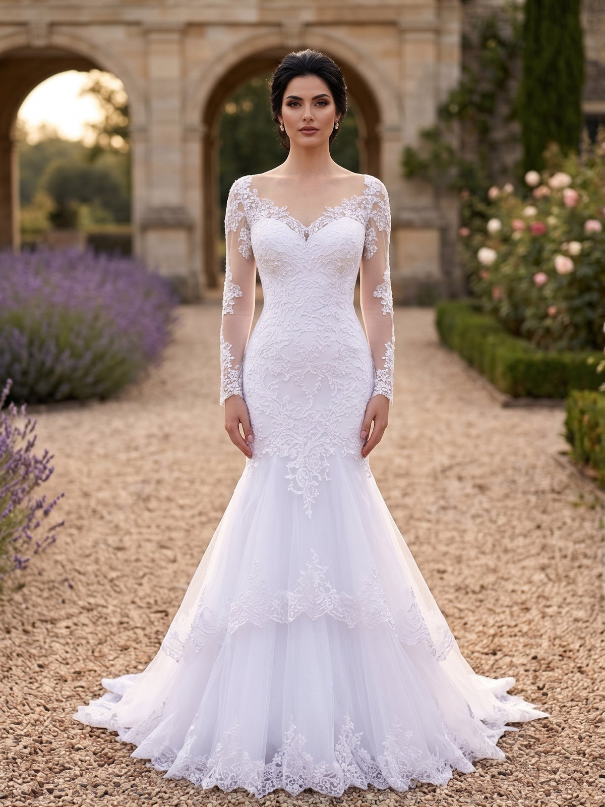 Lacey Bridal Ltd. Hermione mermaid wedding gown with long illusion sleeves, beaded lace bodice, and tiered tulle skirt.