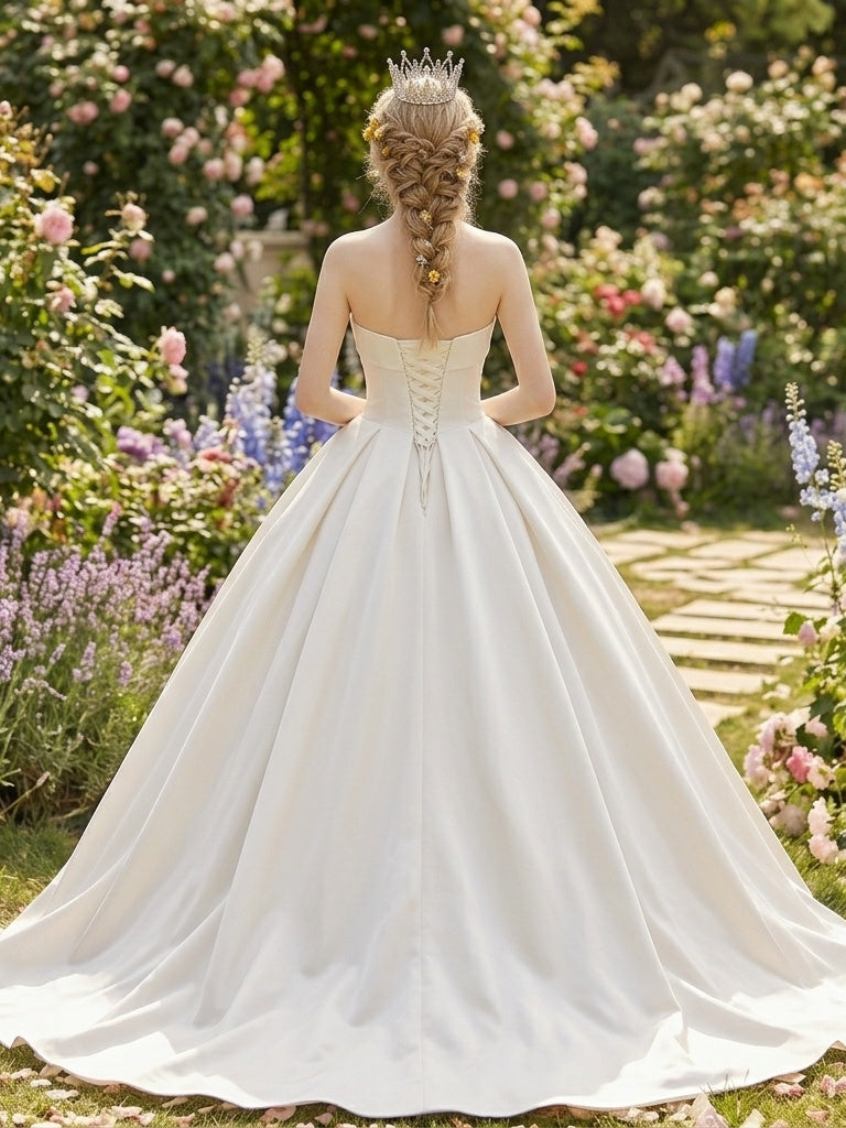 Lacey Bridal Ltd. Hilary satin ballgown with corset back, floral embroidery, and sweeping train in a garden setting.