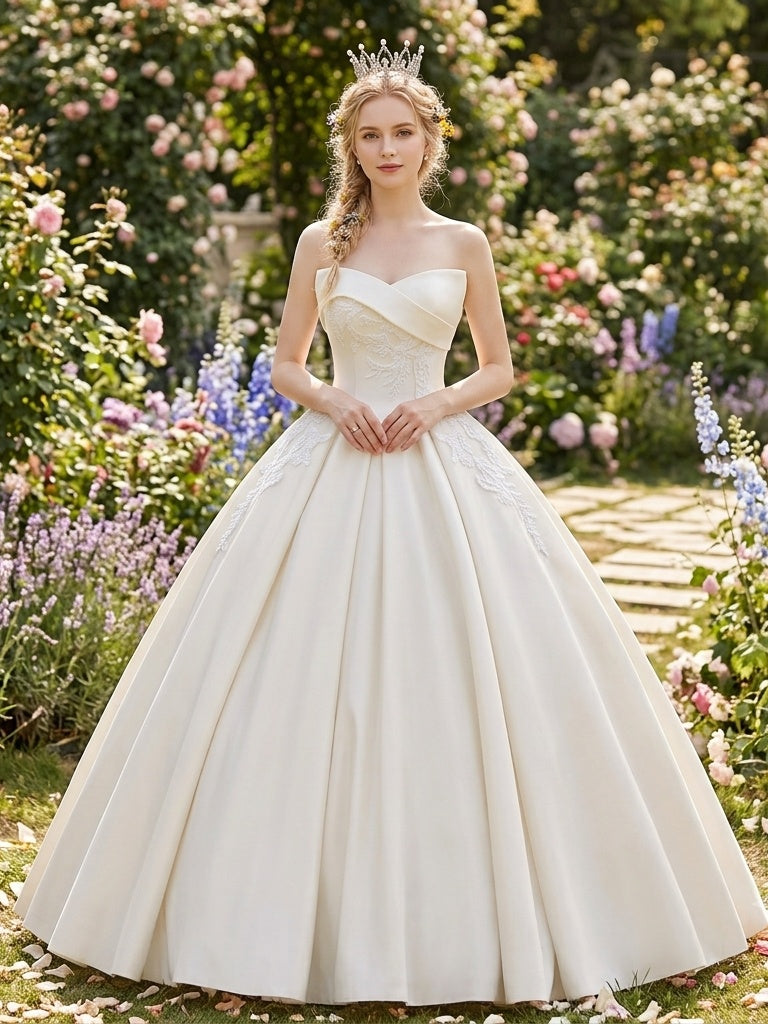 Lacey Bridal Ltd. Hilary satin ballgown with strapless crossover sweetheart neckline and floral embroidery in a garden.