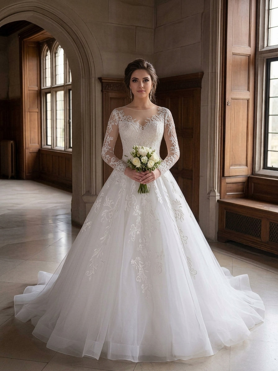 Lacey Bridal Ltd. Imogen ball gown with long lace sleeves, illusion neckline, and full tulle skirt in a historic hall.