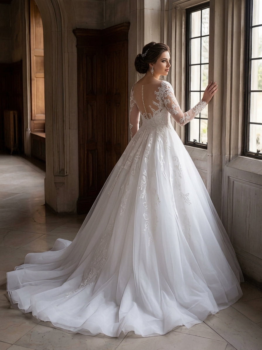 Lacey Bridal Ltd. Imogen ball gown with illusion back, long lace sleeves, and full tulle skirt in a historic setting.