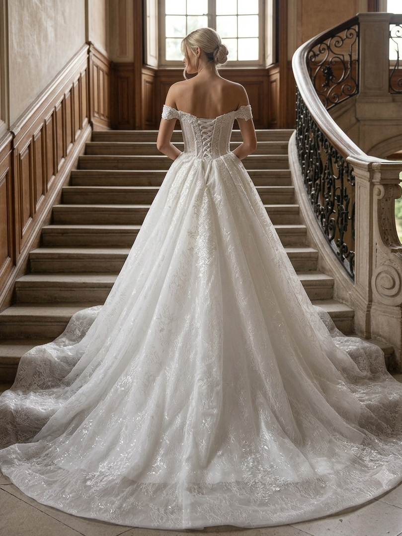 Lacey Bridal Ltd. IRIS off-the-shoulder lace wedding gown with corset back and sweeping train on a grand staircase.