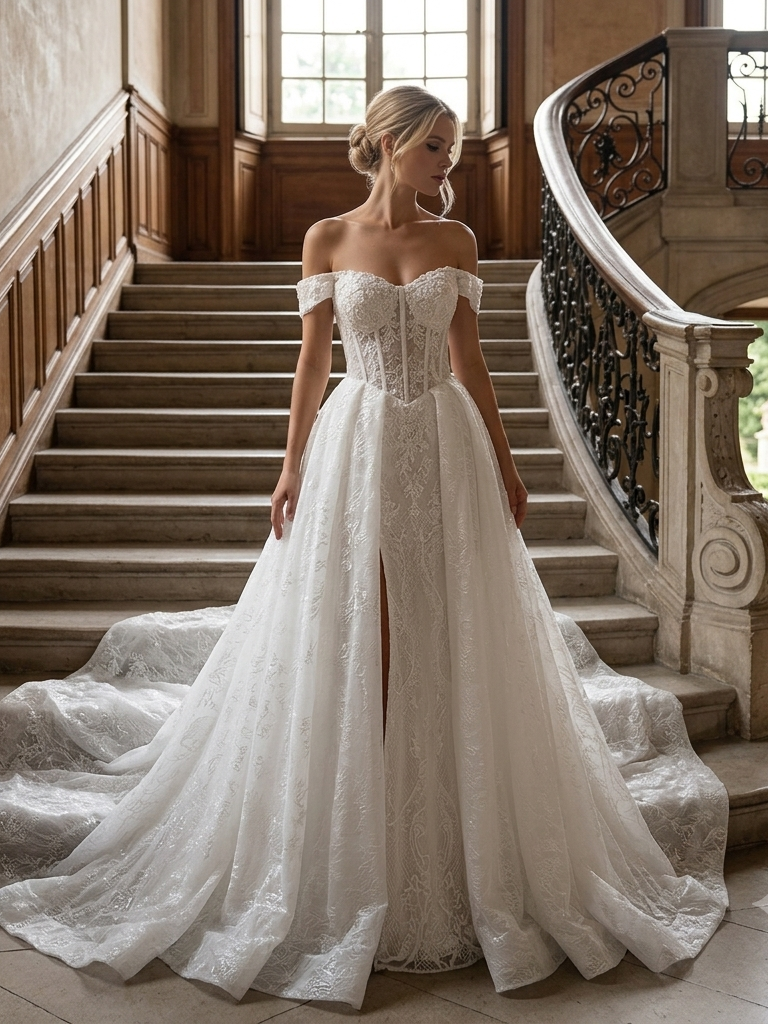 Lacey Bridal Ltd. IRIS A-line wedding gown with off-the-shoulder lace sleeves, corset bodice, and thigh-high split.