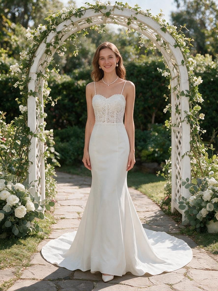 Lacey Bridal Ltd. ISADORA mermaid wedding gown with lace corset bodice and ivory crepe skirt in a garden setting.