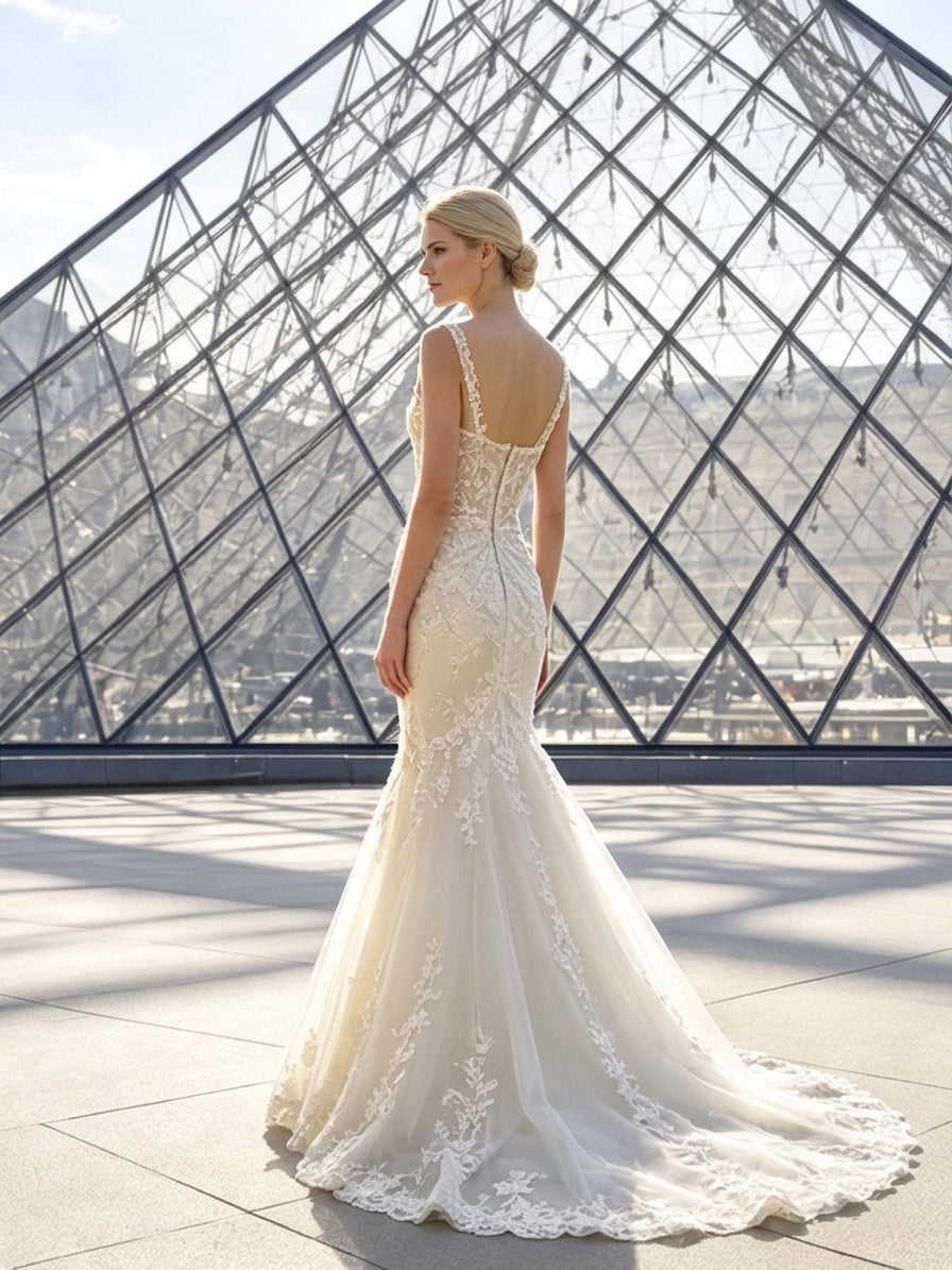 Lacey Bridal Ltd. ivory mermaid wedding gown with lace appliqués, beaded straps, and a chapel train at the Louvre.