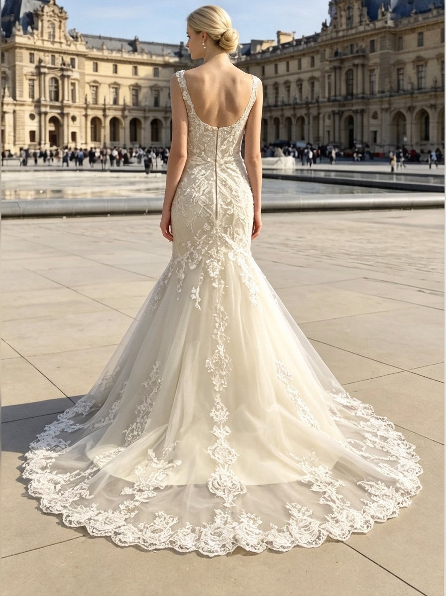 Lacey Bridal Ltd. ivory mermaid wedding gown with open scoop back, intricate lace appliqués, and chapel train.