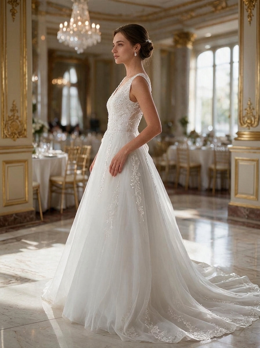 Lacey Bridal Ltd. Josephine sleeveless A-line wedding gown with beaded lace bodice and layered tulle skirt
