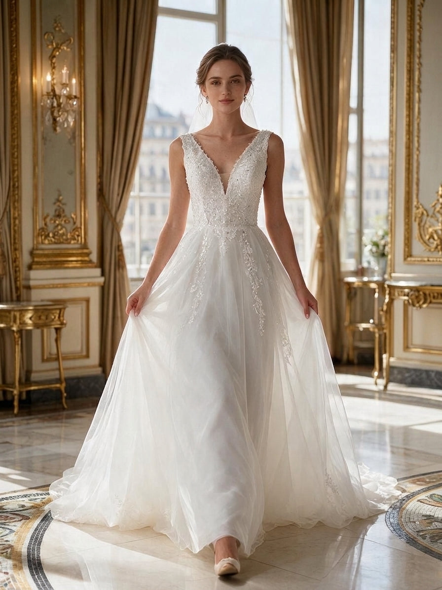 Lacey Bridal Ltd. Josephine sleeveless A-line wedding gown with beaded lace bodice, V-neck, and layered tulle skirt.