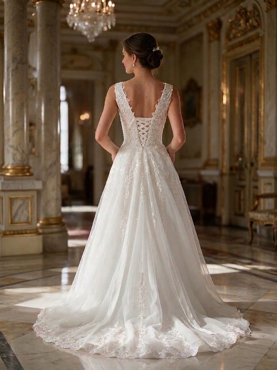 Lacey Bridal Ltd. Josephine A-line wedding dress with lace-up corset back, botanical lace, and tulle train.