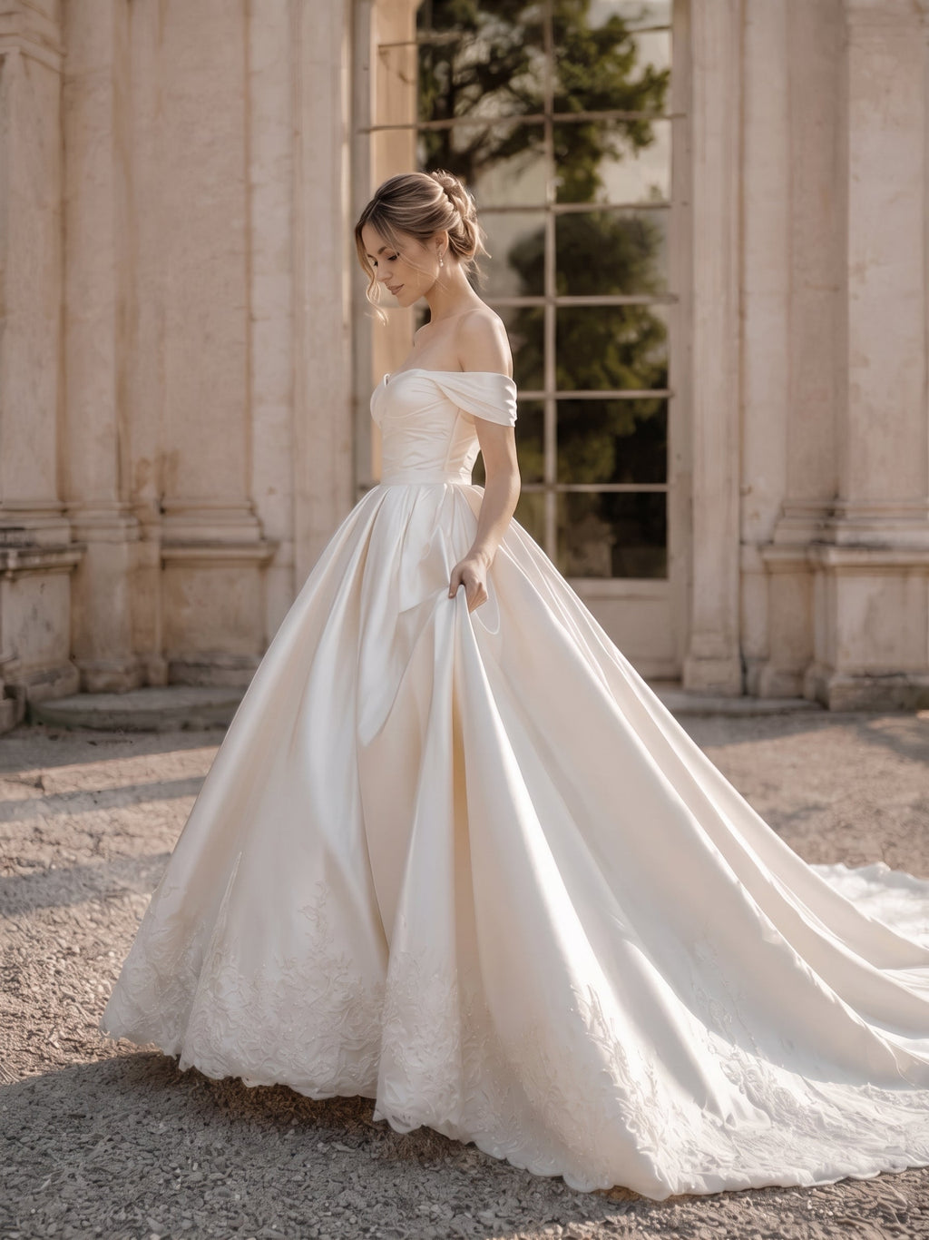 Lacey Bridal Ltd. JOVIENNE satin ball gown with off-the-shoulder neckline, ruched bodice, and beaded lace hem detail.