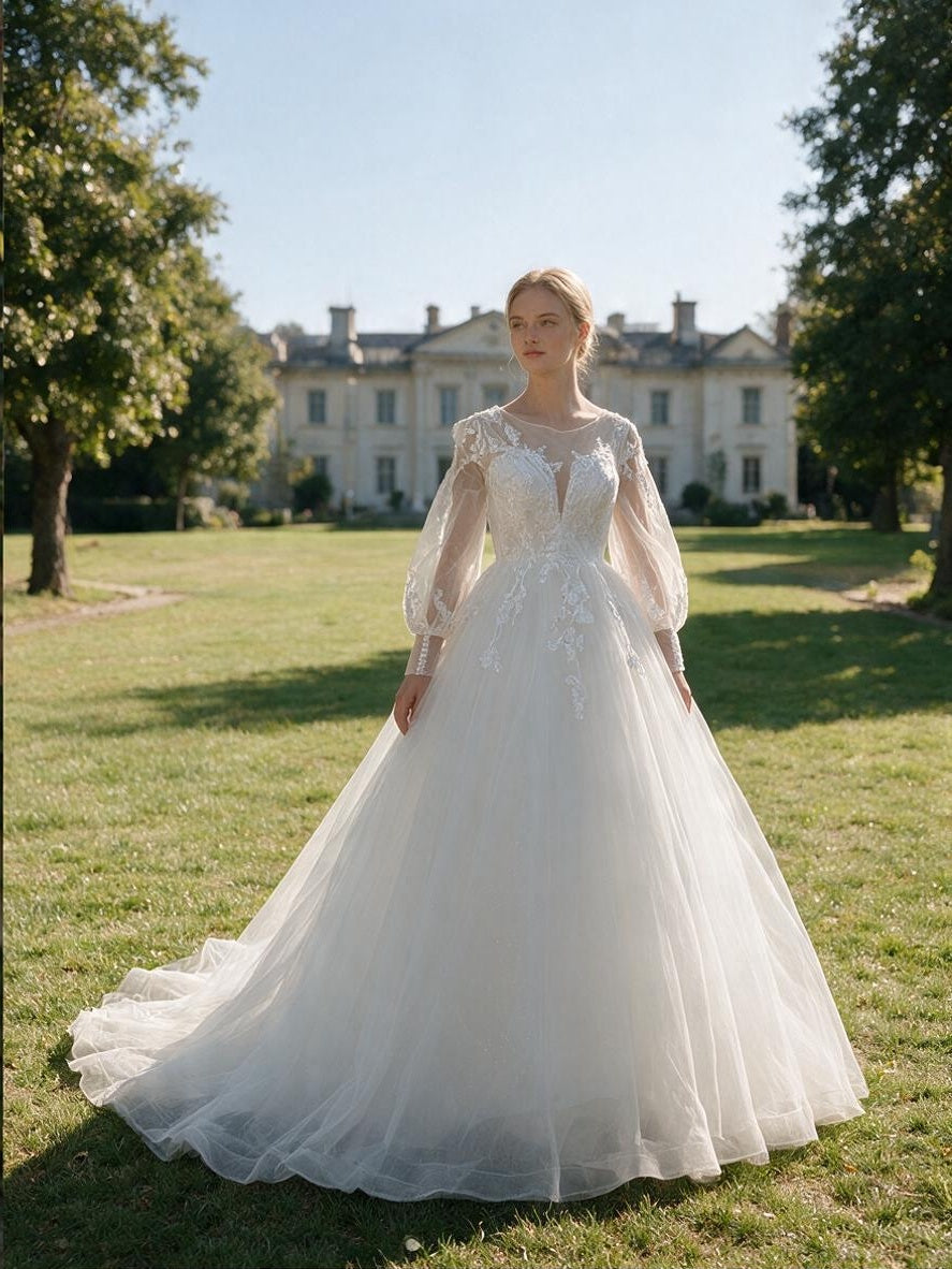 Lacey Bridal Ltd. Juliette A-line wedding gown with sheer bishop sleeves, lace appliqués, and a tulle skirt.