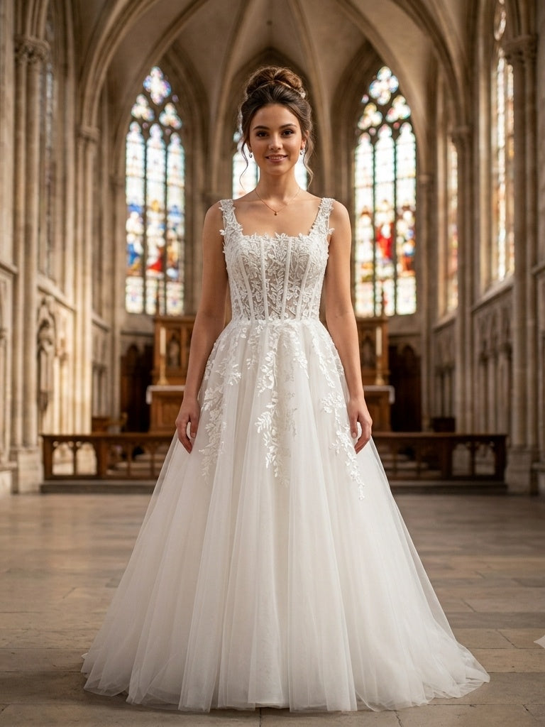 Lacey Bridal Ltd. KATHERINA A-line wedding gown with square neckline, sheer boned bodice, and floral tulle skirt.