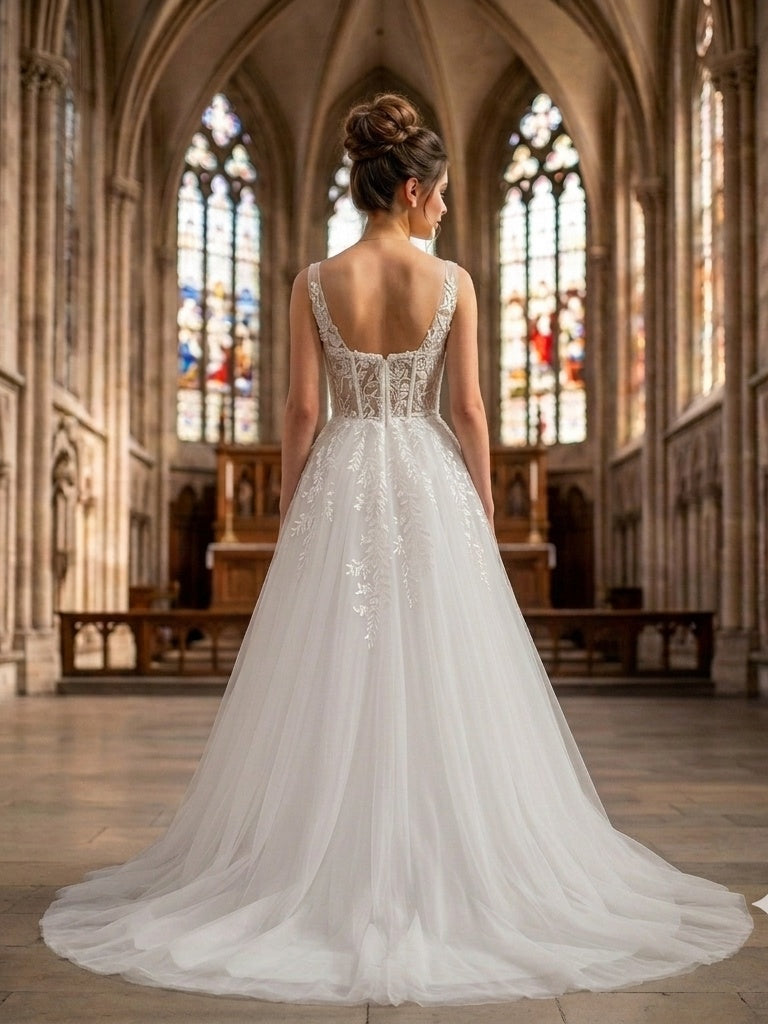 Lacey Bridal Ltd. KATHERINA A-line wedding gown with lace-appliquéd straps, sheer boned bodice, and tulle chapel train.