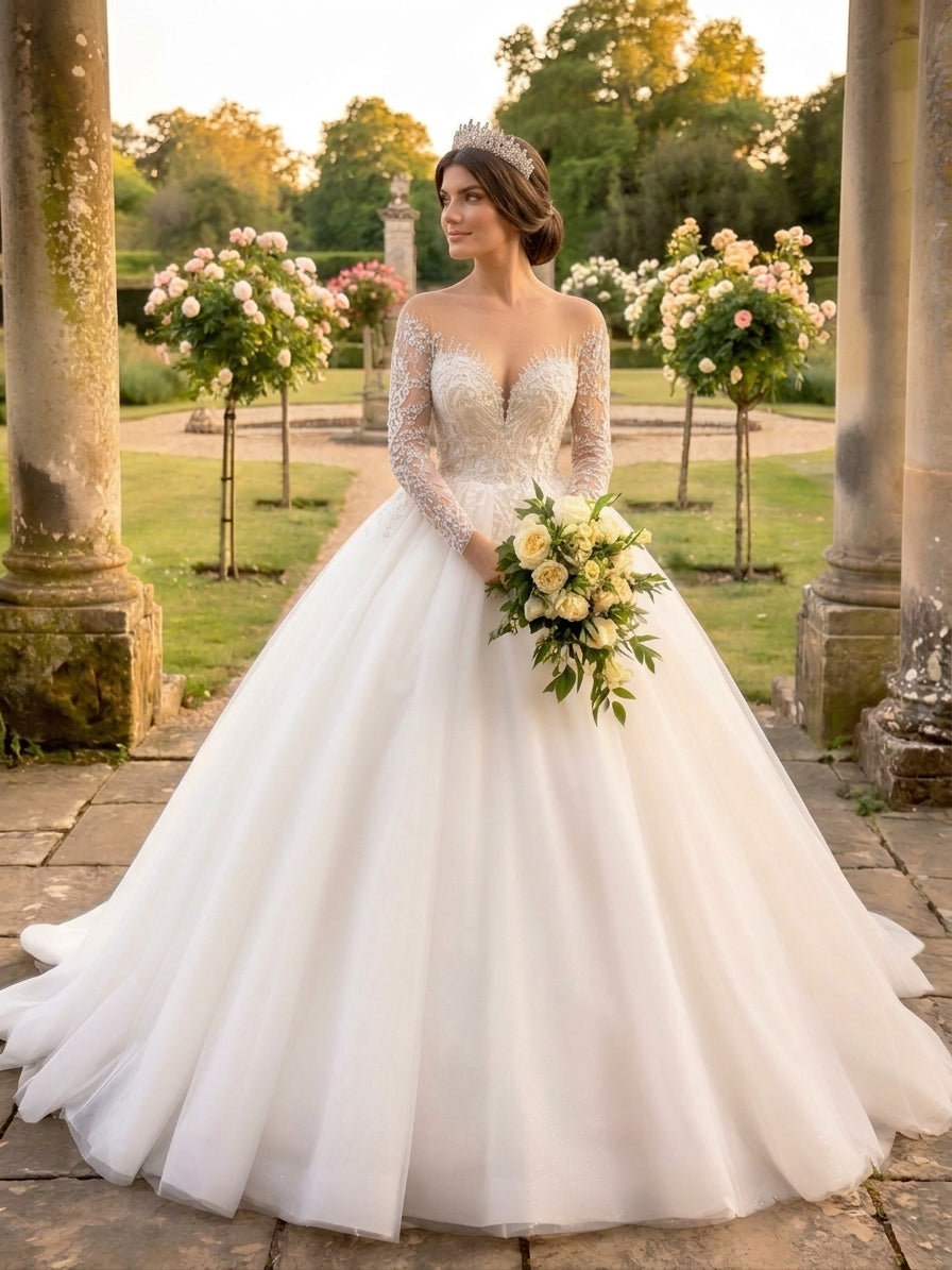 Lacey Bridal Ltd. LAURENTINE ball gown with illusion sleeves, beaded lace bodice, and full tulle skirt in a garden.
